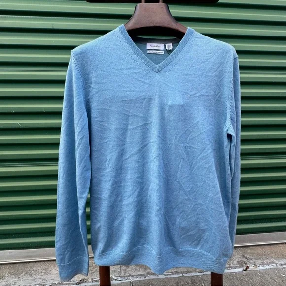 Calvin Klein Extra-Fine Merino Wool Sweater Baby Blue V-Neck NWT European Yarn L - Picture 6 of 15